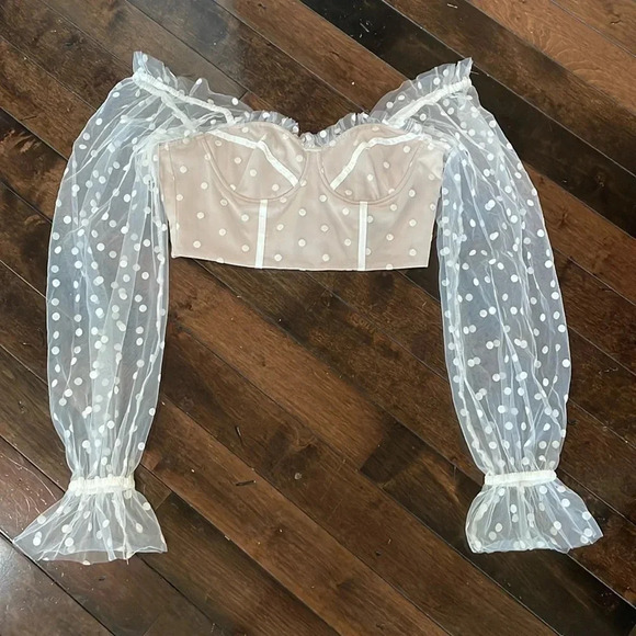 RNWY Runaway Bustier Corset Beige Polka Dot Tulle Sheer sleeves Womens size 6 - Picture 4 of 12